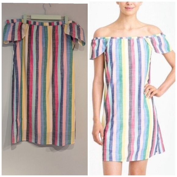 J. Crew Dresses & Skirts - J.Crew Factory Size 6 Colorful Candy Stripe Off Shoulder Dress Cotton Short 160